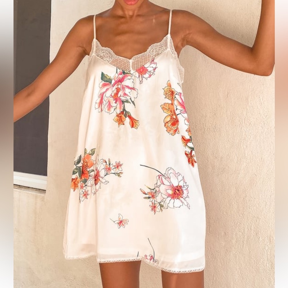 Lulus Nostalgic Heart Ivory Floral Lace Satin Slip Dress